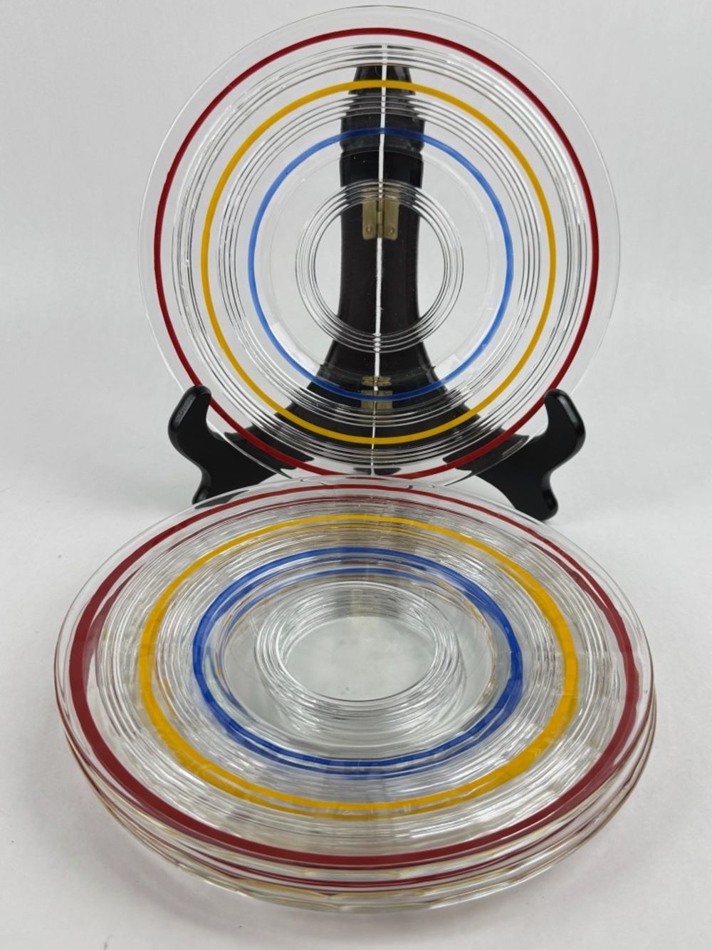 VTG 1930s Anchor Hocking Banded Rings Depression Glass 8” Luncheon Plates Set/4